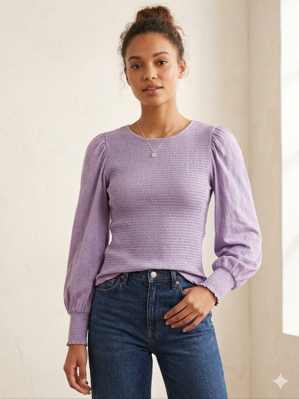 Nation LTD Lilac Smocked Bodice Long Sleeve Top